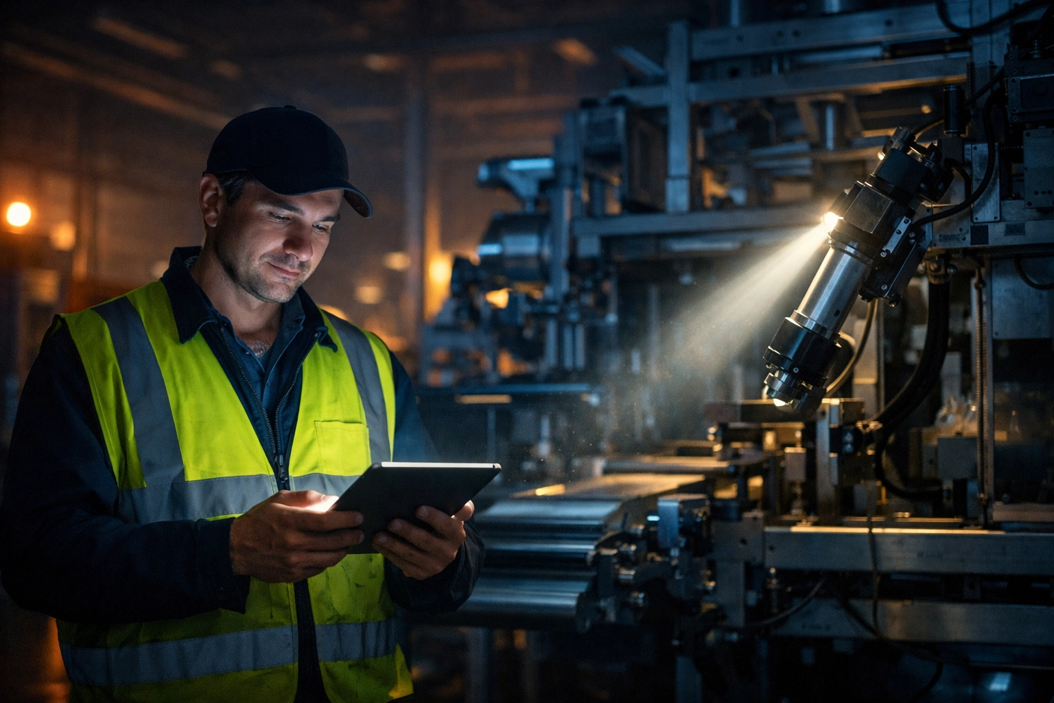 Engineer on the factory floor using a tablet to access AI-powered knowledge