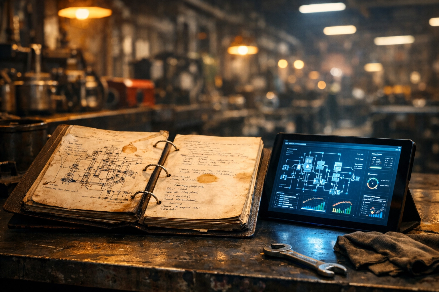 Old factory manual alongside a modern tablet showing AI-powered diagnostics